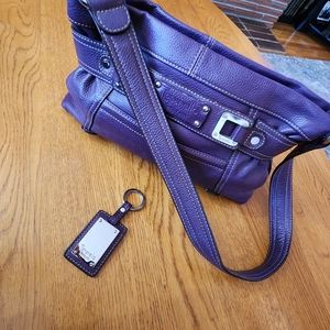 Tignanello purple eggplant leather shoulder bag with tag key chain